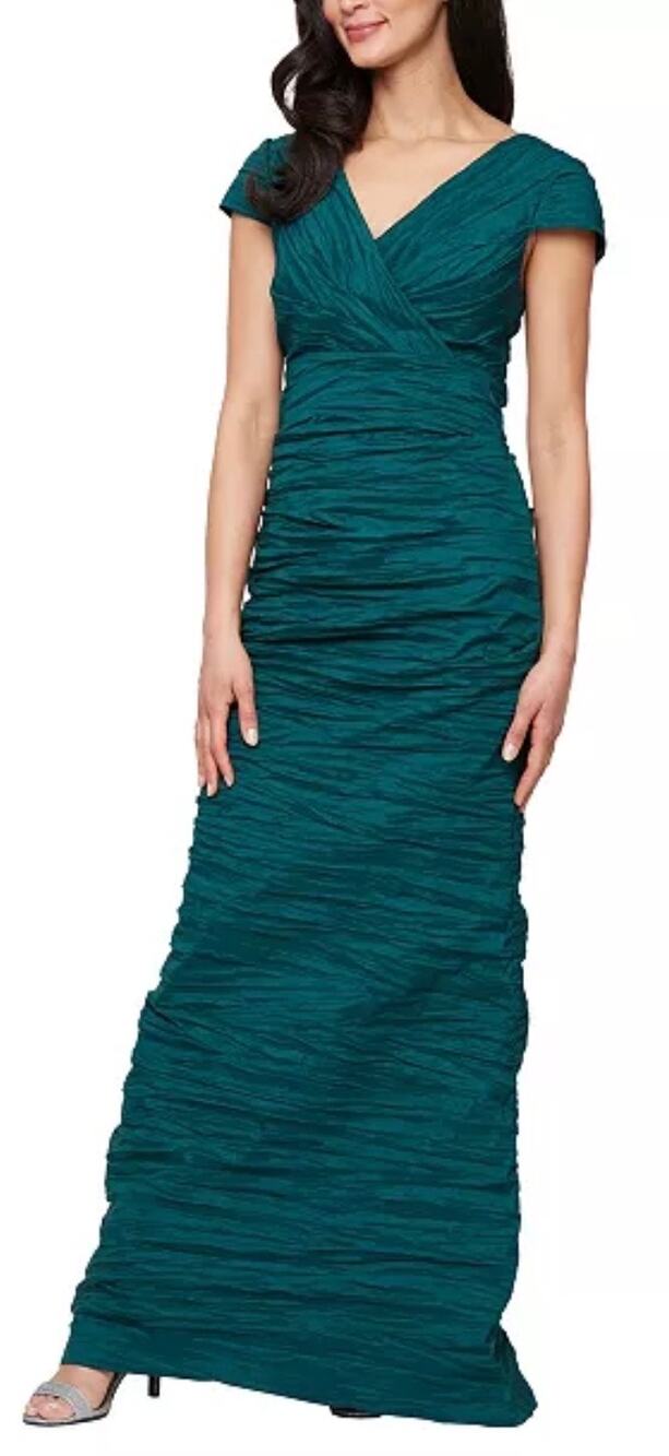 Alex Evenings Emerald Green Crinkle Stretch Taffeta Long Gown Dress 10 NWT